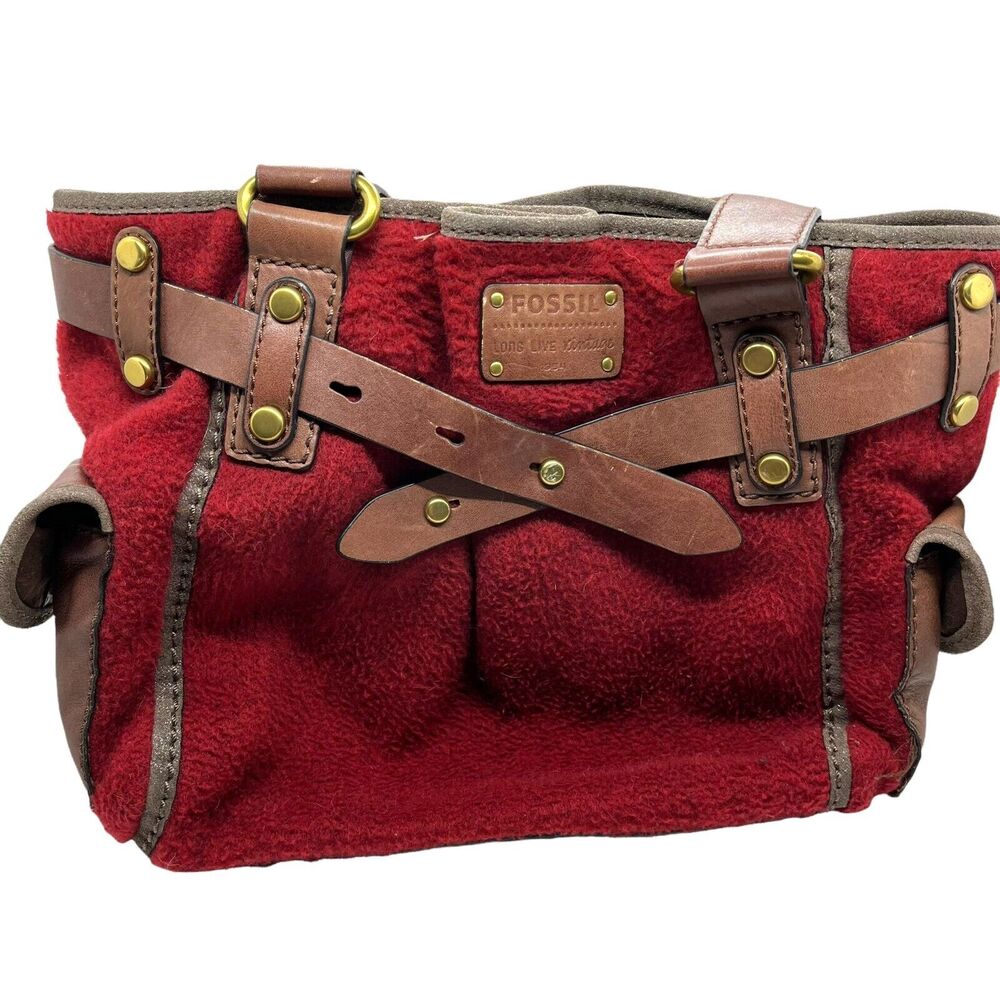 Fossil Tote Bag Womens Red Fleece With Brown Leather Trim Adrina Inner Pockets